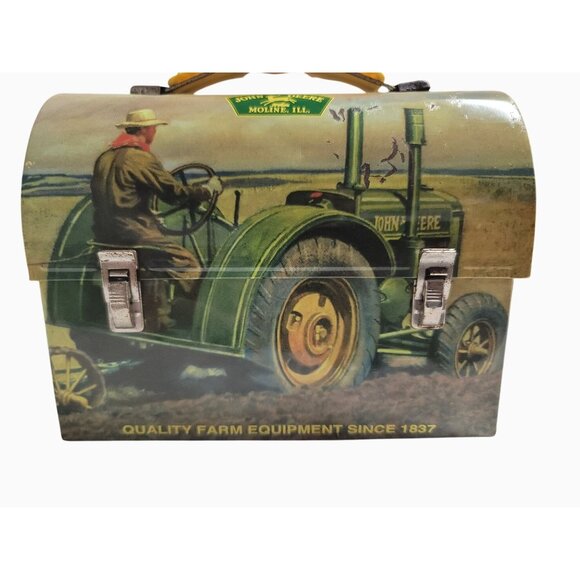 Vintage John Deere Metal Lunchbox With Tractor Design & Yellow Handle - Picture 1 of 16